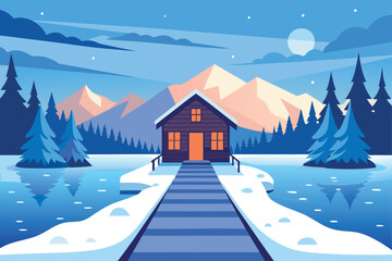 Wooden Cabin on Snowy Hill with Mountains Vector