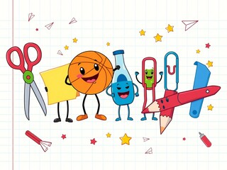 Cute cartoon school supplies characters spelling out the word math
