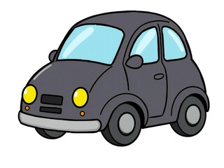 Cute cartoon dark grey compact car with round headlights and blue windows