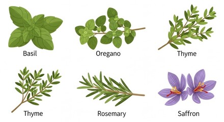 Culinary Herb Collection: Basil, Oregano, Thyme, Rosemary, and Saffron Illustration