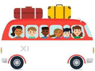 Diverse group of happy children traveling on a bus with luggage