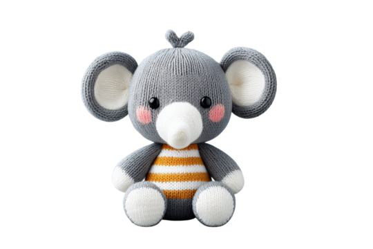 Cute Gray Knitted Elephant Plush Toy with Striped Shirt on Transparent Background