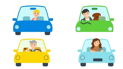 Diverse people and pets enjoy car rides in colorful vehicles