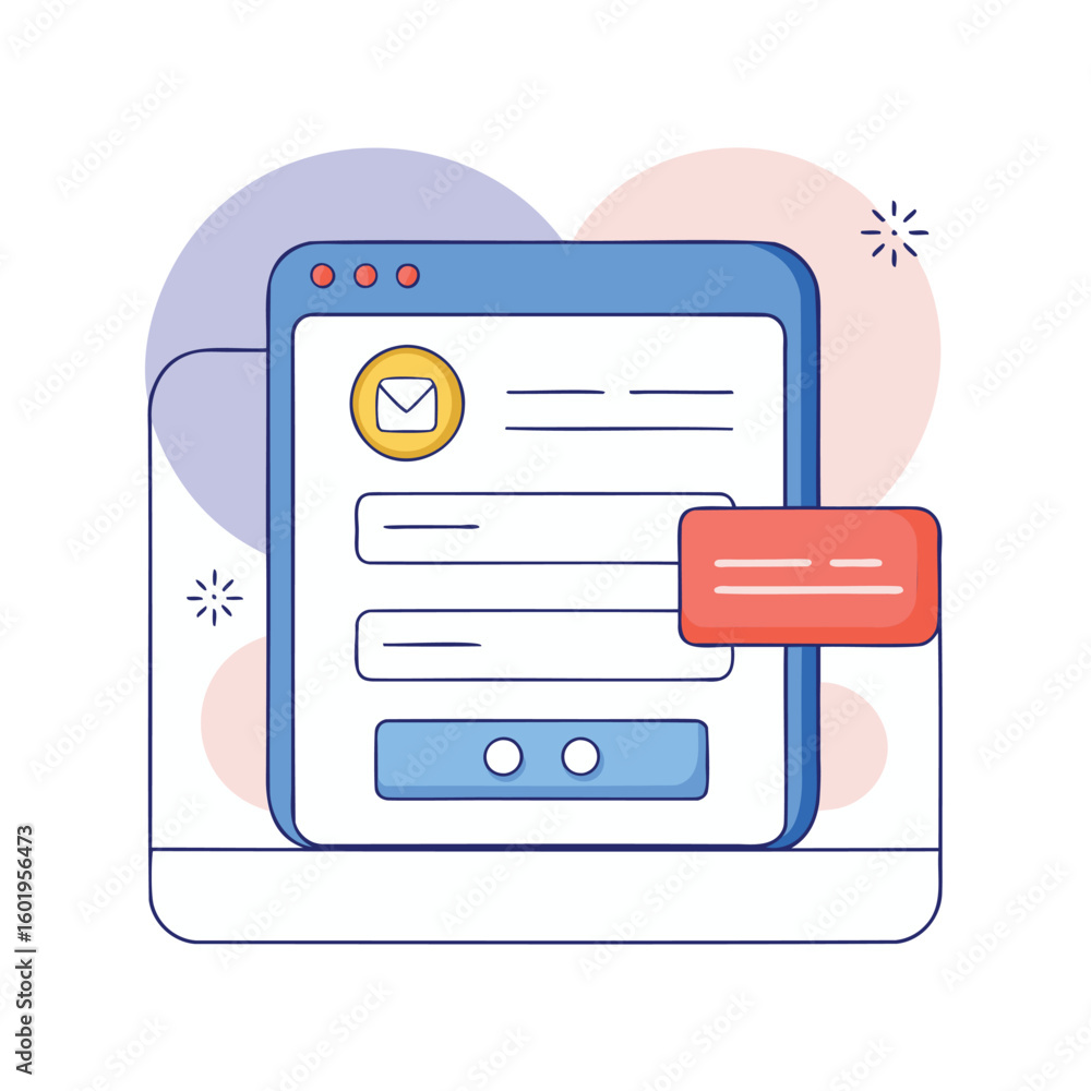 Poster illustration of a digital sign up form with email icon and submit button isolated on white backgroun