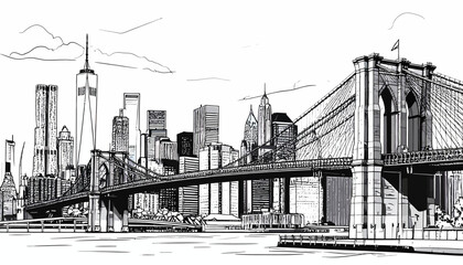A detailed pen and ink illustration of the Brooklyn Bridge and New York City skyline.