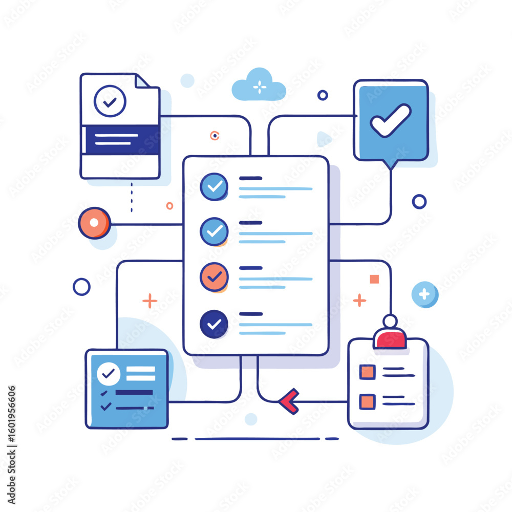 Aufkleber business workflow diagram illustrating tasks and progress with icons and connections isolated on whi