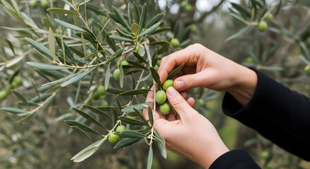 Close-up of hands harvesting fresh green olives from an olive tree in a sunny orchard for healthy cooking and Mediterranean cuisine preparation
