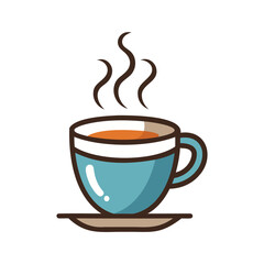 A steaming cup of hot beverage in a blue mug with a saucer isolated on white background