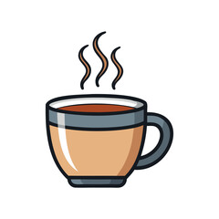 A steaming cup of hot coffee or tea with a handle isolated on white background