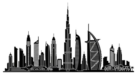 Obraz premium Silhouette of Dubai's skyline, showcasing iconic skyscrapers and modern architecture.
