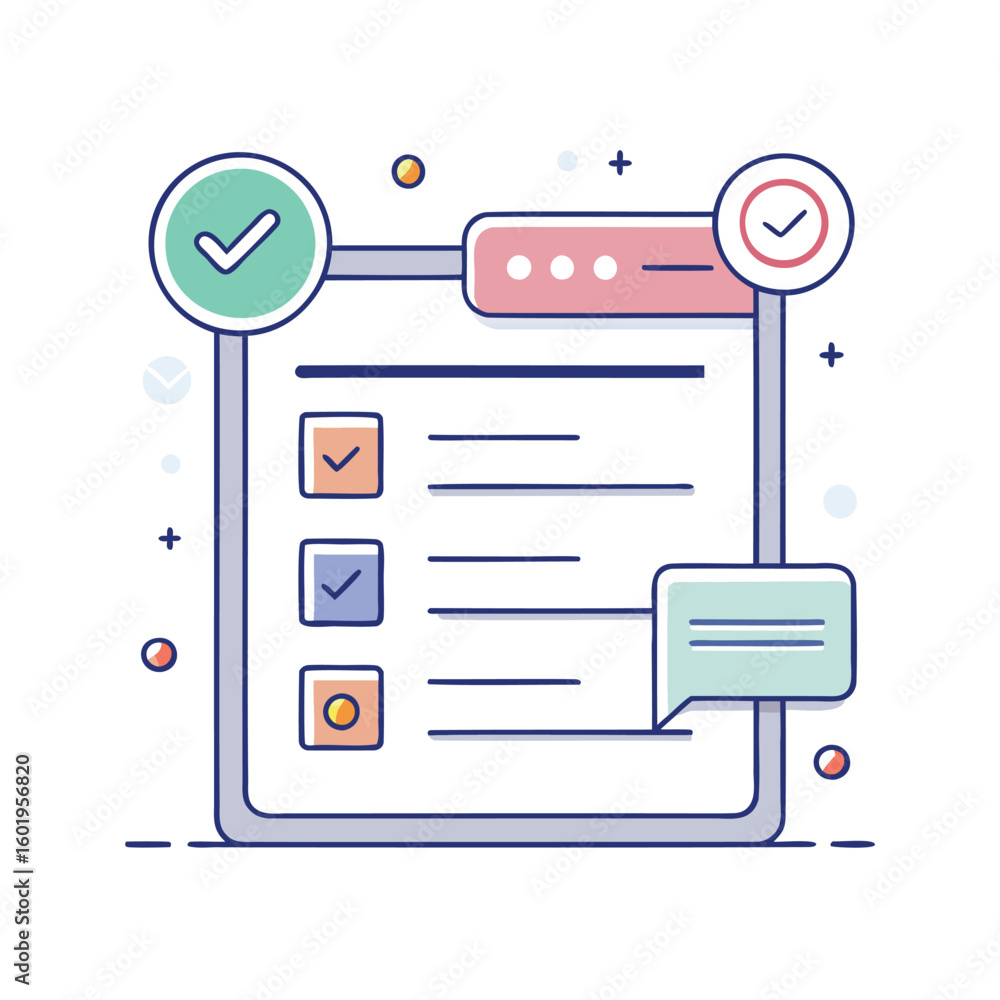 Poster illustration of a digital checklist with completed tasks and a speech bubble isolated on white backg