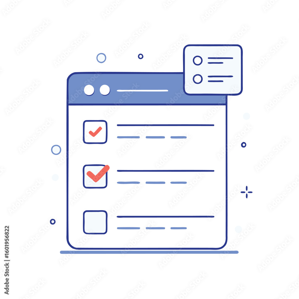 Poster illustration of a digital checklist with completed tasks and a small notification window isolated on