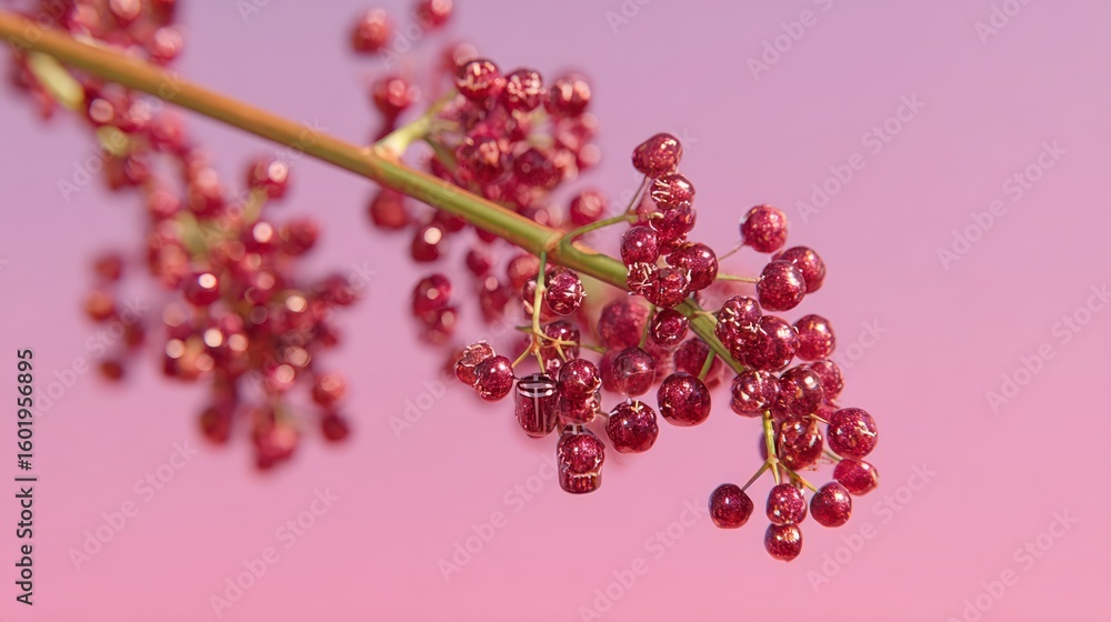 Aufkleber close up of a branch with clusters of red berries against a soft pink background