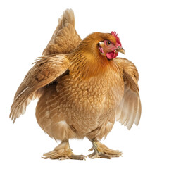 Fototapeta premium A vibrant brown chicken stands prominently, showcasing its feathers and red comb. This animal is a staple in agriculture, symbolizing farm life and food production.