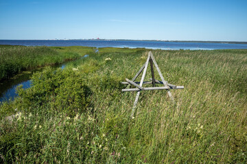Remains of a bird watching tower structure in the reeds, Kempele Finland