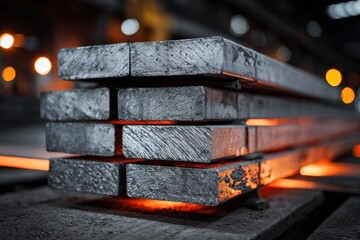 Pile of steel billets at the steel factory
