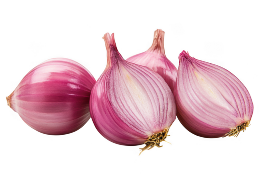Four fresh red onions one whole and three halved isolated on transparent background
