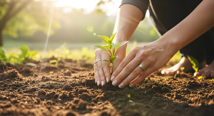 Close-up of hands planting a young seedling in rich soil during sunny day for environmental conservation and sustainable agriculture concepts