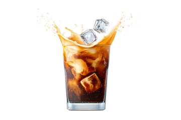 Cold Coffee Drink with Ice Cubes Splashing in Clear Glass on Transparent Background
