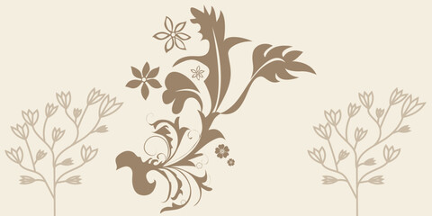 Abstract botanical art background with tropical leaves in line style in brown and beige colors. Luxury banner with exotic plants for decoration, print, wallpaper, textile, packaging. eps10