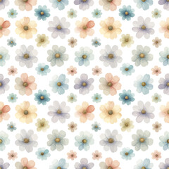 Charming seamless background with vintage-style watercolor flowers. Delicate pastel floral repeating pattern for design.