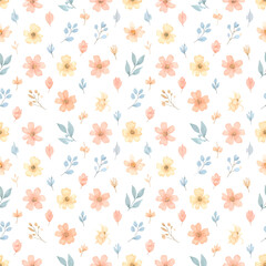 Delicate seamless pattern with hand-painted watercolor flowers and leaves. Gentle floral background in soft pastel pink and yellow.