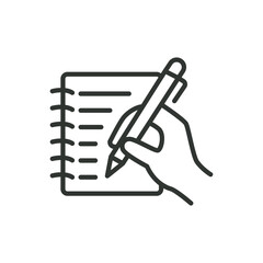 A line art icon of a hand writing on a notepad, representing writing, journaling, or taking notes.