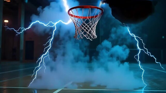 A basketball surrounded by blue lightning and smoke on a shiny dark basketball court surface