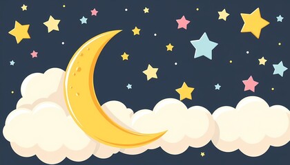 Whimsical Crescent Moon and Clouds in Starry Night Sky