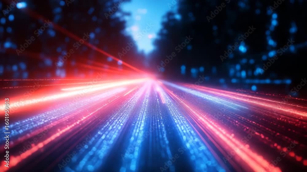 Poster futuristic light trails animation: seamless loop of red and blue streaks
