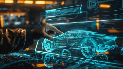 A hand interacts with a holographic car design displayed on a futuristic interface, highlighting advanced vehicle engineering.