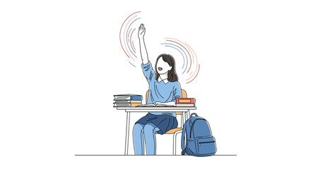 Excited student answering question in classroom with books and backpack nearby full of energy