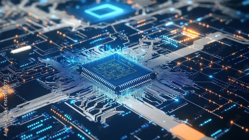 Aufkleber futuristic circuit board with glowing cpu, data flow and connections visualized
