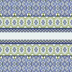 Blue and green cross-stitched vintage ethnic seamless tribal pattern. Ideas for wallpaper, pattern fills, backgrounds, and surface textures. Ukrainian traditional embroidery. Pixel pattern. 