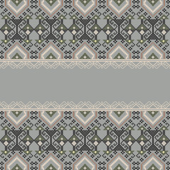Grey and brown cross-stitched vintage ethnic seamless tribal pattern. Boho style. Ukrainian traditional embroidery. Pixel pattern. Ideas for wallpaper, backgrounds, and textiles.