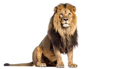 Fototapeta premium Majestic lion, seated, front view