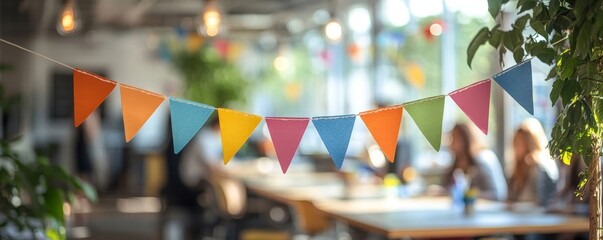 Business office meeting with blurred people in casual wear, rainbow bunting decoration in the foreground. Blurred bokeh background. Rainbow color. Pride month celebration marketing, Generative AI