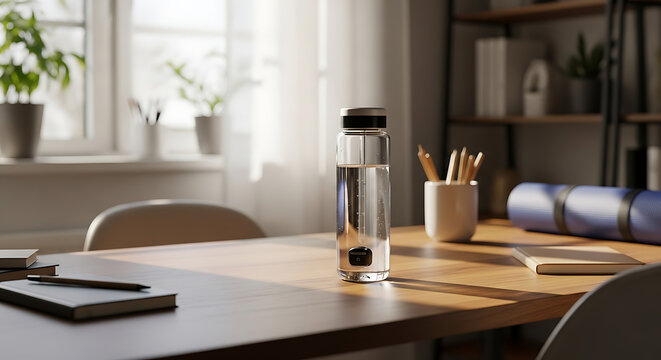 Sunlit room, water bottle on wooden table, yoga mat, books, healthy lifestyle scene. - Powered by Adobe