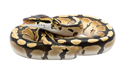 Fototapeta premium Coiled ball python captured in studio setting high-resolution wildlife photography serene environment close-up perspective isolated on transparent background