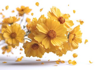 Yellow flower petals floating gently in the air in front of a solid white background with soft shadows and a clean minima aesthetic for natural design or decoration