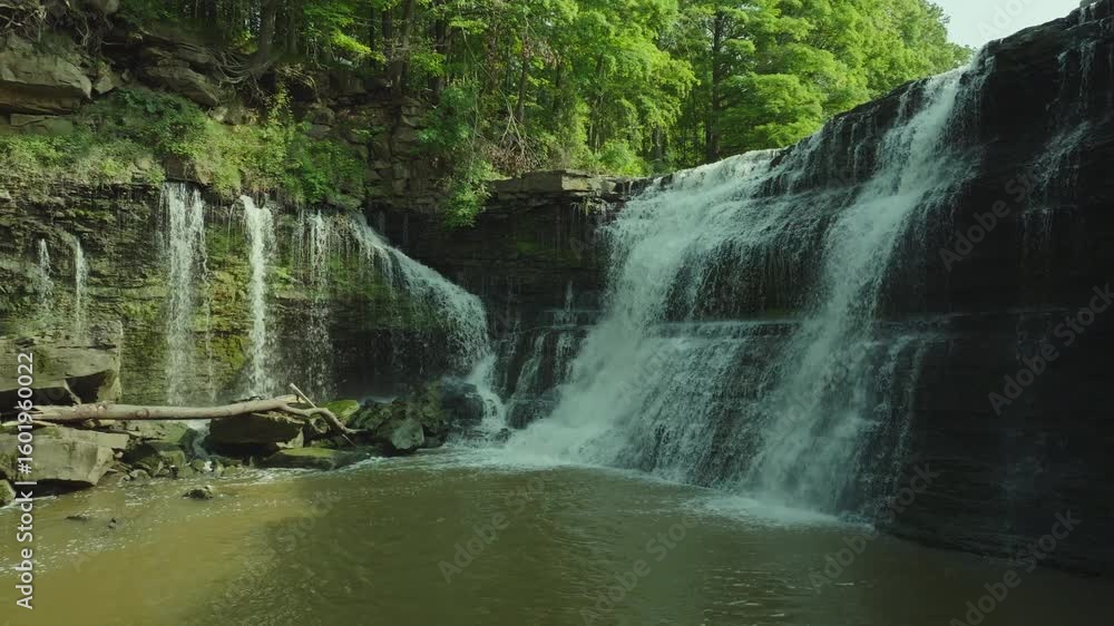 Poster side view of waterfall captured with pan left motion highlighting lush trees and water flow