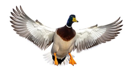 Obraz premium Mallard duck in flight against white background