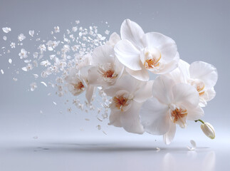 White flower floating in midair with delicate petals scattering gently against a solid soft white background creating an ethereal and minima floral composition
