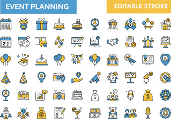 Event planning icon pack, party and celebration graphics, invitation and decor symbols for apps, tutorials, posters, packaging, branding, infographics, and web