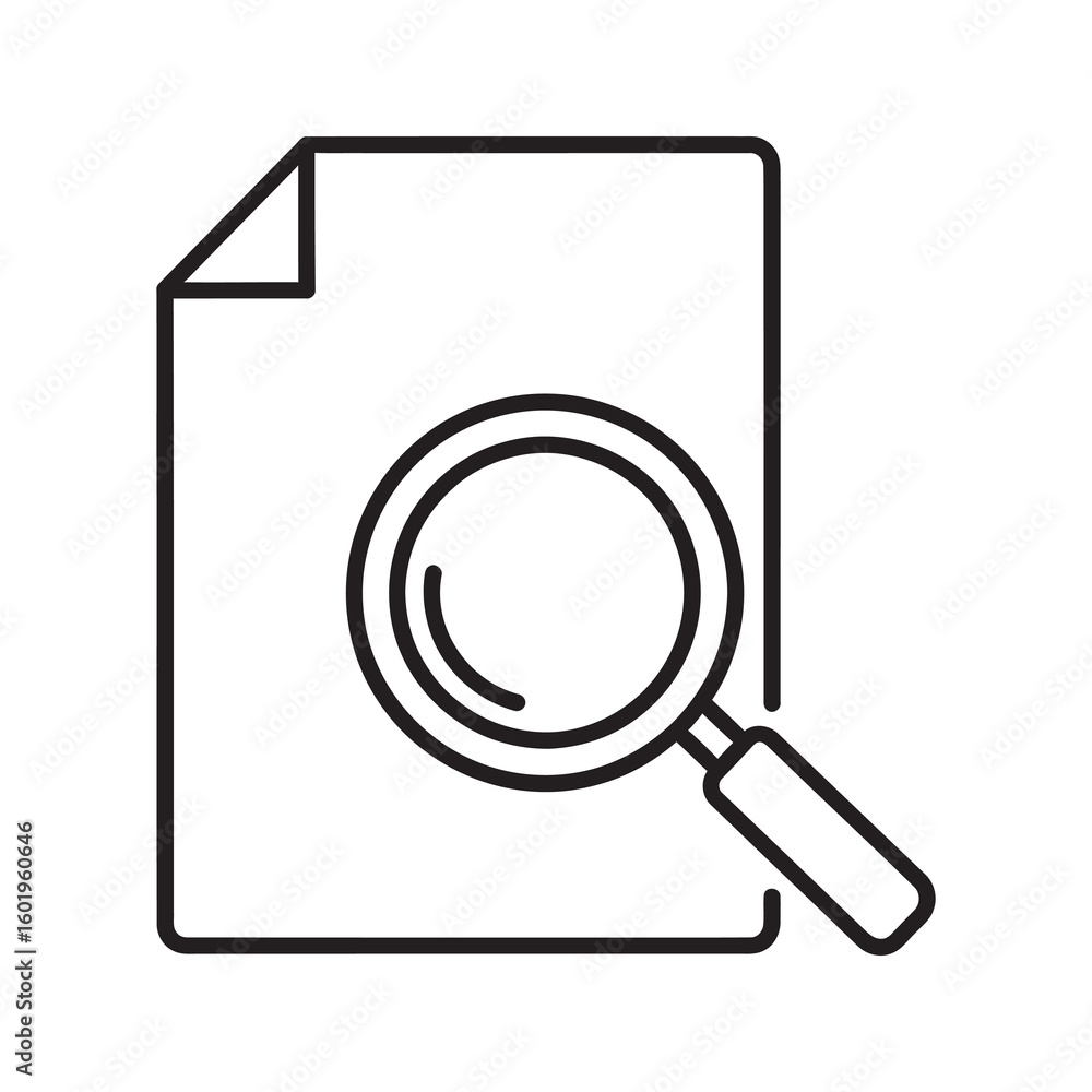 Poster research document icon with a magnifying glass for analysis audit and investigation of a file to fin