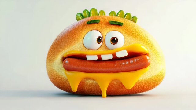Funny Hot Dog Cartoon Character Animation with Googly Eyes and Melted Cheese in a Seamless Loop