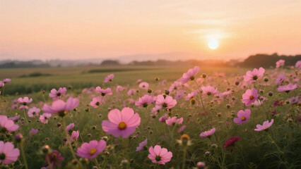 Fototapeta premium Pink Cosmos Flowers in a Field at Sunset