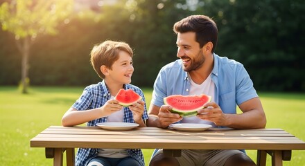Father and son eating watermelon summer picnic outdoor family time healthy snack happy lifestyle togetherness father's day