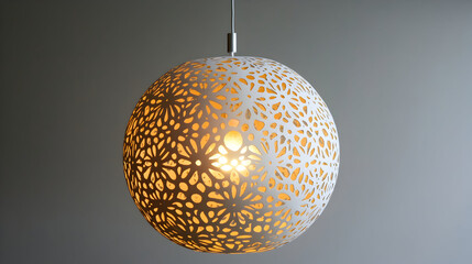 Decorative spherical pendant light fixture illuminates a neutral background.