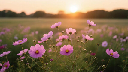 Obraz premium Pink Cosmos Flowers in a Field at Sunset